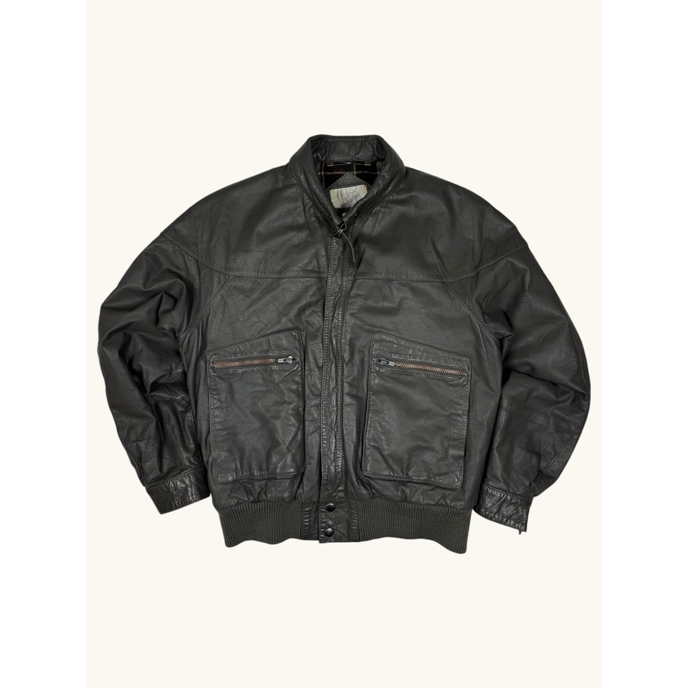 High Sierra Mens Vintage Leather Bomber Jacket Gray Plaid Lined Size 40 Pilot